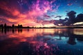 Breathtaking colorful sunset with purple and pink clouds reflecting over the serene lake