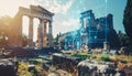 A breathtaking composite visualization merging the majestic ruins of a classical antiquity temple with a vibrant blue Royalty Free Stock Photo