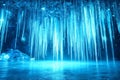 A breathtaking 3D background of an ice cavern illuminated by glowing blue crystals. Jagged icicles Royalty Free Stock Photo