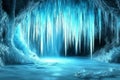 A breathtaking 3D background of an ice cavern illuminated by glowing blue crystals. Jagged icicles Royalty Free Stock Photo
