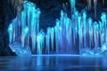 A breathtaking 3D background of an ice cavern illuminated by glowing blue crystals. Jagged icicles Royalty Free Stock Photo