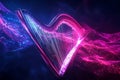 A breathtaking 3D music background showcasing a levitating, neon-lit harp emitting pulsating waves