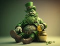 3D render of a big smile leprechaun man holding a wine bottle, gold coins on the ground St. Patrick\'s day generative AI