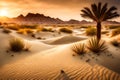 A breathtaking desert oasis with a palm-fringed lagoon nestled amidst towering sand dunes, kissed by the golden light of the