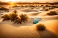 A breathtaking desert oasis with a palm-fringed lagoon nestled amidst towering sand dunes, kissed by the golden light of the