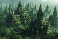 A breathtaking digital artwork of jade-colored spires, ancient and overgrown with lush green foliage, nestled in a misty