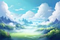 Serene Fantasy Landscape with Mountains and Waterfalls, AI Generated