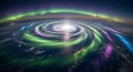 Cosmic Swirl: Earth Under Aurora and Galactic Phenomenon Royalty Free Stock Photo