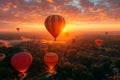 Breathtaking display of hot air balloons taking flight at dawn, carrying passengers high above the landscape in a Royalty Free Stock Photo