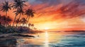 In a breathtaking display, the sun sets ablaze over a tropical beach, painting the waves and palm trees with a golden hue.