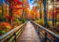 Breathtaking Double Exposure Panorama of Maybury State Parks Autumn Boardwalk Trail Vibrant Fall Foliage and Golden