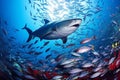 Breathtaking Encounter. Majestic Shark Amidst Prolific School of Vibrant Tropical Fish