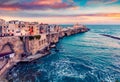 Breathtaking evening cityscape of Vieste - coastal town in Gargano National Park, Italy, Europe. Exciting spring sunset on Adriati Royalty Free Stock Photo