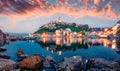 Breathtaking evening cityscape of Vrbnik town. Dramatic summer seascape of Adriatic sea, Krk island, Croatia, Europe. Beautiful Royalty Free Stock Photo