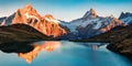 Breathtaking evening panorama of Bachalp lake/Bachalpsee, Switzerland. Exciting autumn sunset in Swiss alps, Grindelwald, Bernese Royalty Free Stock Photo