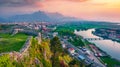 Breathtaking evening view of Rozafa Castle. Astonishing spring cityscape of Shkoder town. Royalty Free Stock Photo