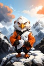 Alpine Aviators Anthropomorphic White Eagles in Himalayan Workwear, Perched atop the Majestic Mount