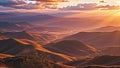 Breathtaking expansive valleys adorned with golden light, enchanting purple bokeh diffusing softly, rolling hills Generative AI