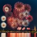 A Breathtaking Fireworks Display Reflected on Calm Waterfront Royalty Free Stock Photo