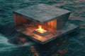 Floating Concrete Cube Structure with Fire in Water Royalty Free Stock Photo