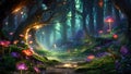 Breathtaking Forest Abloom With Vibrant Purple Flowers, An enchanting forest scene populated with mystical creatures and filled