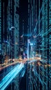Breathtaking futuristic cityscape illuminated by neon lights and digital code in a tech driven world