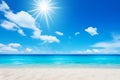 Breathtaking golden sand beach with shimmering grains reflecting the intense summer sunlight
