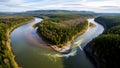 Aerial View of Two Rivers Merging Amidst Dense Forest and Mountains. Stunning Natural Confluence with Swirling Waters in a Pristin Royalty Free Stock Photo