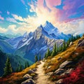 Breathtaking hiking trail amidst towering mountains and vibrant blue sky