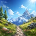 Breathtaking hiking trail amidst towering mountains and vibrant blue sky