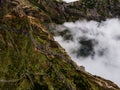 Breathtaking hiking trail with a view of a beautiful mountain landscape above the clouds of Madeira Island - Green Royalty Free Stock Photo