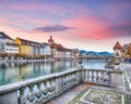 Breathtaking historic city center of Lucerne with famous buildings and old wooden Chapel Bridge (Kapellbrucke Royalty Free Stock Photo