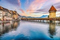 Breathtaking historic city center of Lucerne with famous buildings and old wooden Chapel Bridge (Kapellbrucke Royalty Free Stock Photo