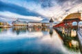 Breathtaking historic city center of Lucerne with famous buildings and old wooden Chapel Bridge (Kapellbrucke Royalty Free Stock Photo