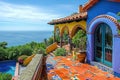 A breathtaking house featuring vibrant colors, a refreshing pool, and a panoramic view of the ocean, A colorful, Spanish style Royalty Free Stock Photo