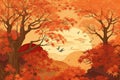 A breathtaking illustration of an autumn landscape. The charm of the season comes to life as the foliage of the forest turns into