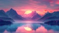 A breathtaking illustration of a mountain range at sunset, with sharp peaks and a serene lake reflecting Royalty Free Stock Photo