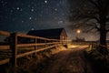 A breathtaking image of a barn and a fence under a star-filled sky., A silent night in the countryside with countless stars Royalty Free Stock Photo