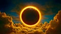 Dramatic Annular Solar Eclipse Over Golden Cloudscape Celestial Event Photography AI generated. Royalty Free Stock Photo