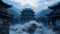 Mystic Waterscape: Ancient Chinese Architecture Amidst Mountainous Peaks Royalty Free Stock Photo