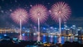 Ethereal Fireworks Symphony Over Urban River Vista Royalty Free Stock Photo