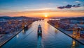 Golden Hour Serenity: Container Port Symphony Under Sunset Skies Royalty Free Stock Photo