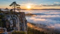 Golden Sunrise Over Sea of Clouds: Majestic Mountain Cliffs Royalty Free Stock Photo