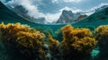 This breathtaking image captures a vast underwater landscape where towering underwater mountains and vibrant seaweed