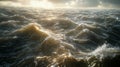 Dramatic Ocean Waves at Sunset Golden Light on Rough Sea Water Texture AI generated. Royalty Free Stock Photo