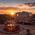 Vintage Camper Trailer Parked on the Edge of a Rocky Desert Landscape with Sunrise