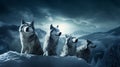 A majestic pack of wolves under a full moon in a vast, snow-covered landscape Royalty Free Stock Photo