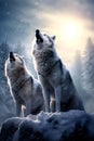 A majestic pack of wolves under a full moon in a vast, snow-covered landscape Royalty Free Stock Photo