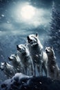 A majestic pack of wolves under a full moon in a vast, snow-covered landscape