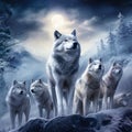 A majestic pack of wolves under a full moon in a vast, snow-covered landscape